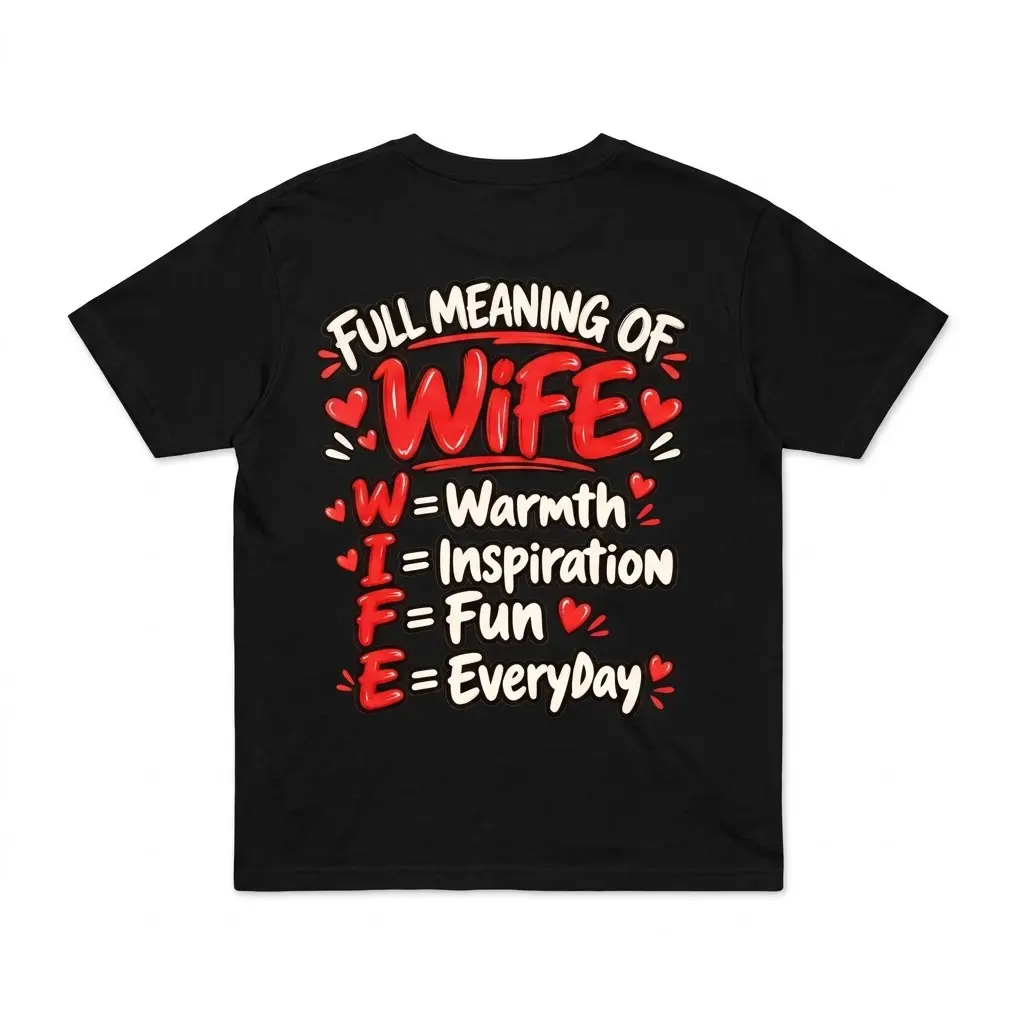 Full Meaning of Wife T-Shirt 1 Back flat lay of a black t-shirt featuring the Full Meaning of Wife acronym graphic in red and white lettering with small hearts.