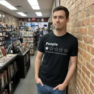 Funny 1 Star Rating People T-Shirt 10 Lifestyle setting showcasing the humorous 1 star review graphic reading People: Total nightmare, would not recommend.