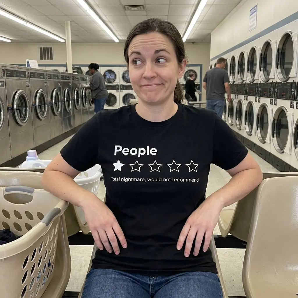 Casual lifestyle scene highlighting the funny 1 star rating People design printed on apparel.