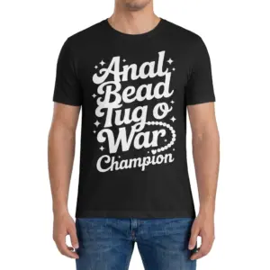 Funny Anal Bead Tug O War Champion T-Shirt 9 Front view of a man wearing the black Anal Bead Tug O War Champion graphic t-shirt.