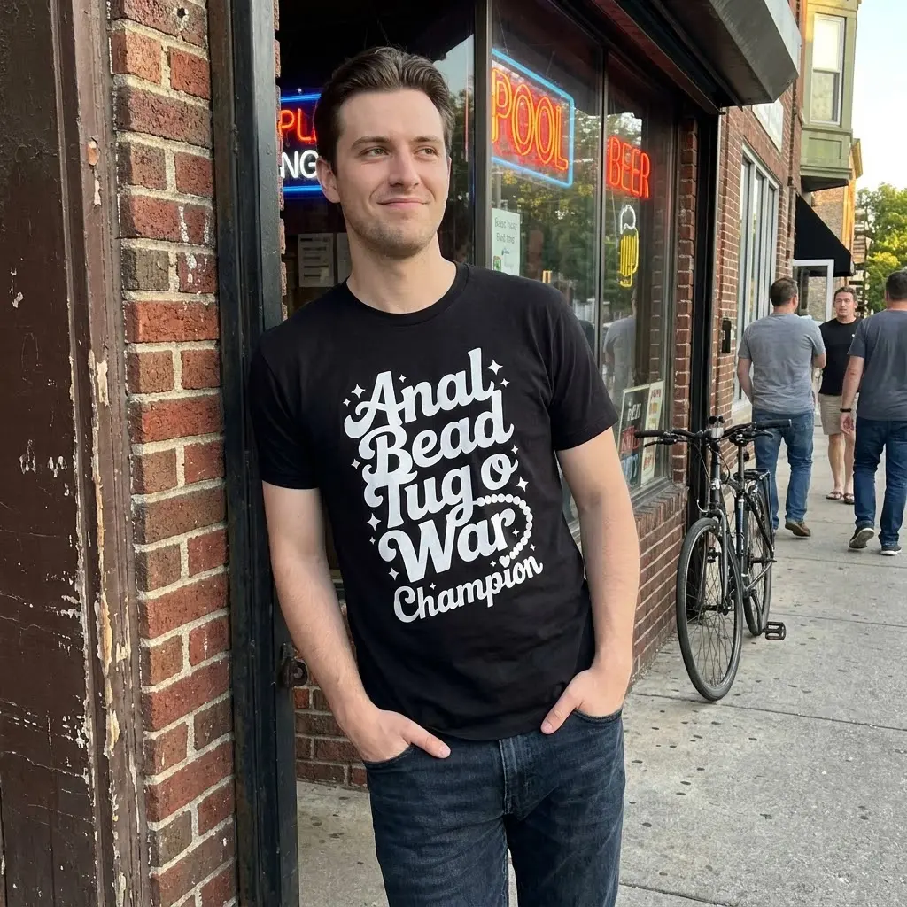 Funny Anal Bead Tug O War Champion T-Shirt 5 Lifestyle shot showcasing the Anal Bead Tug O War Champion shirt in a casual setting.