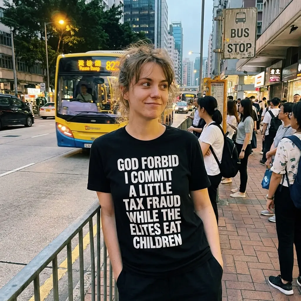 Street lifestyle shot of a woman at a city bus stop wearing the black God Forbid I Commit A Little Tax Fraud t-shirt