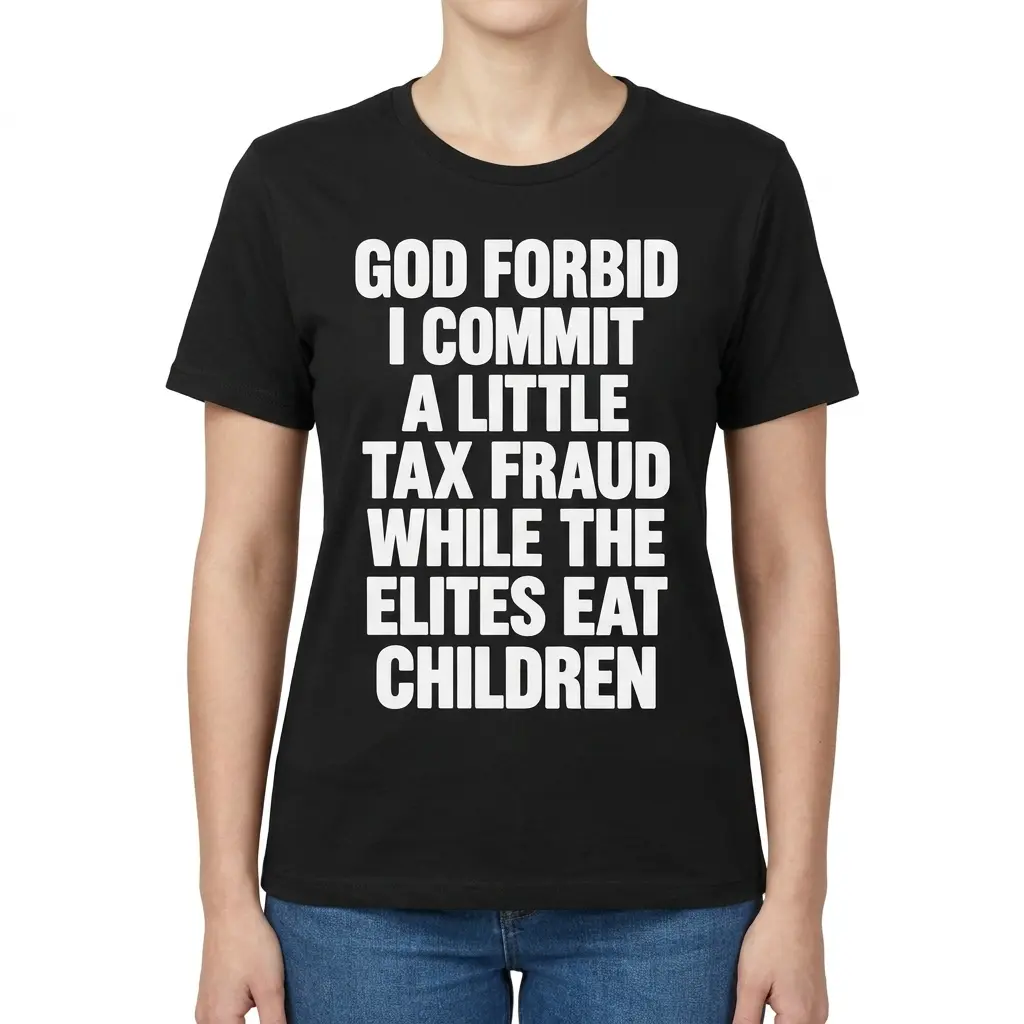 Female model wearing the black God Forbid I Commit A Little Tax Fraud satirical quote t-shirt, front view