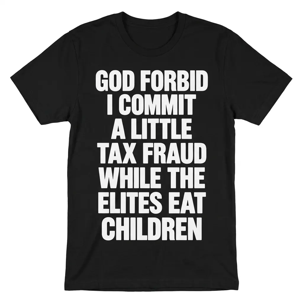 Flat-lay front view of a black t-shirt printed with bold white text reading God Forbid I Commit A Little Tax Fraud While The Elites Eat Children