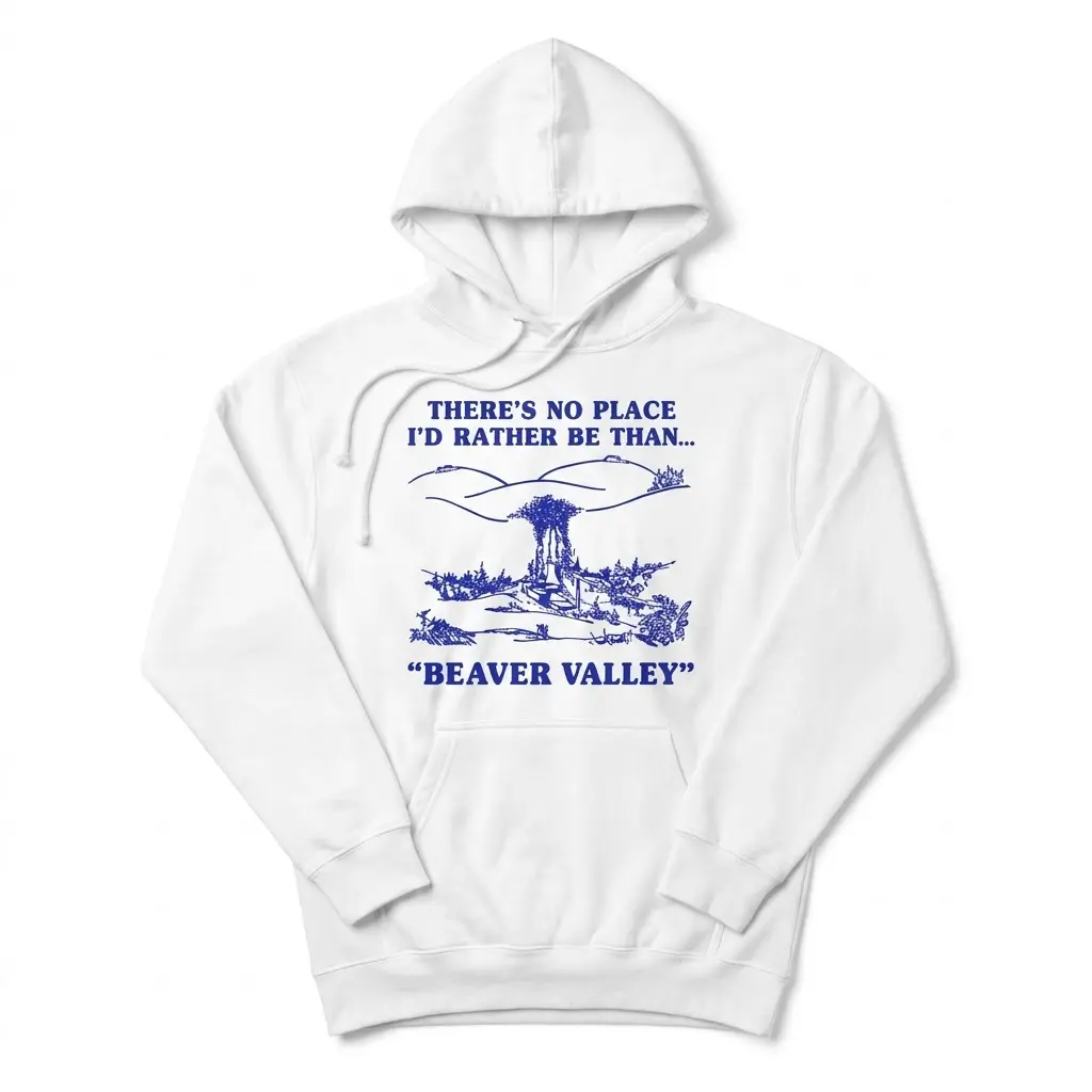 Front flatlay of a Beaver Valley hoodie featuring the blue landscape design and “Beaver Valley” lettering