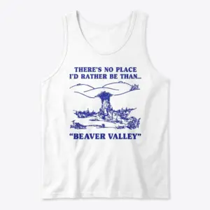Funny Beaver Valley Retro Graphic T-Shirt 8 Front flatlay of a Beaver Valley tank top with a blue retro landscape illustration and matching text