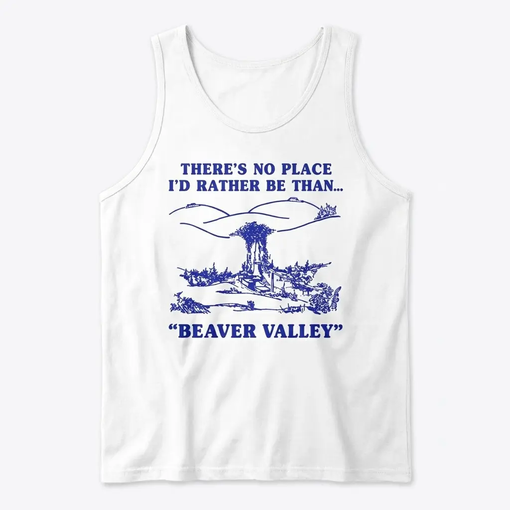 Front flatlay of a Beaver Valley tank top with a blue retro landscape illustration and matching text