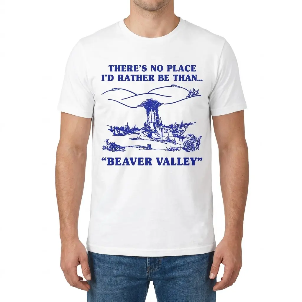 Man wearing the Beaver Valley graphic T-shirt, showing the blue landscape illustration and bold lettering on the front