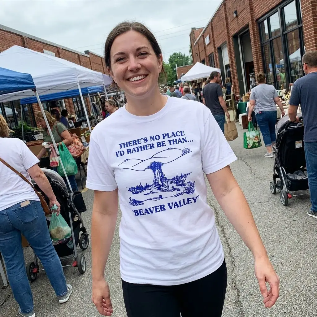 Beaver Valley design with blue hills, trees, and bold text presented on apparel