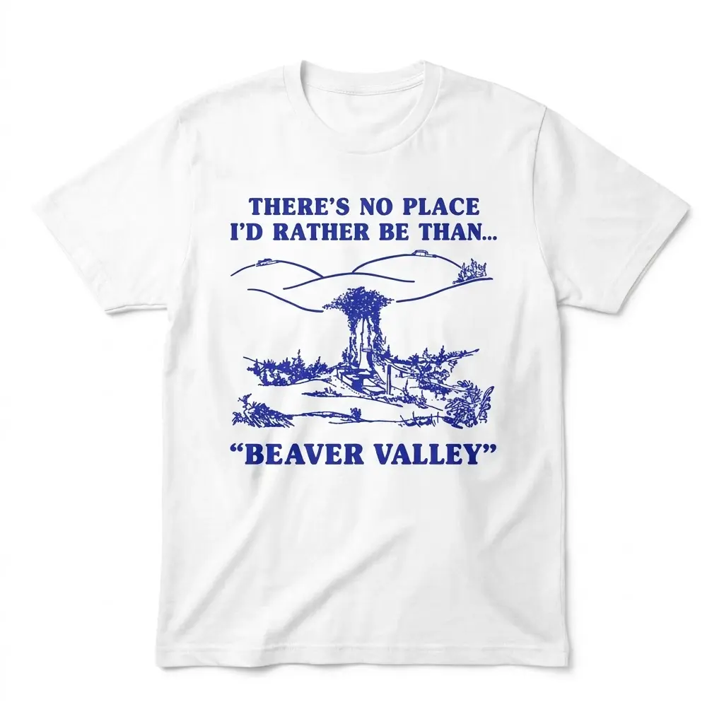 White Beaver Valley T-shirt with blue retro landscape graphic and the phrase “There’s no place I’d rather be than...”