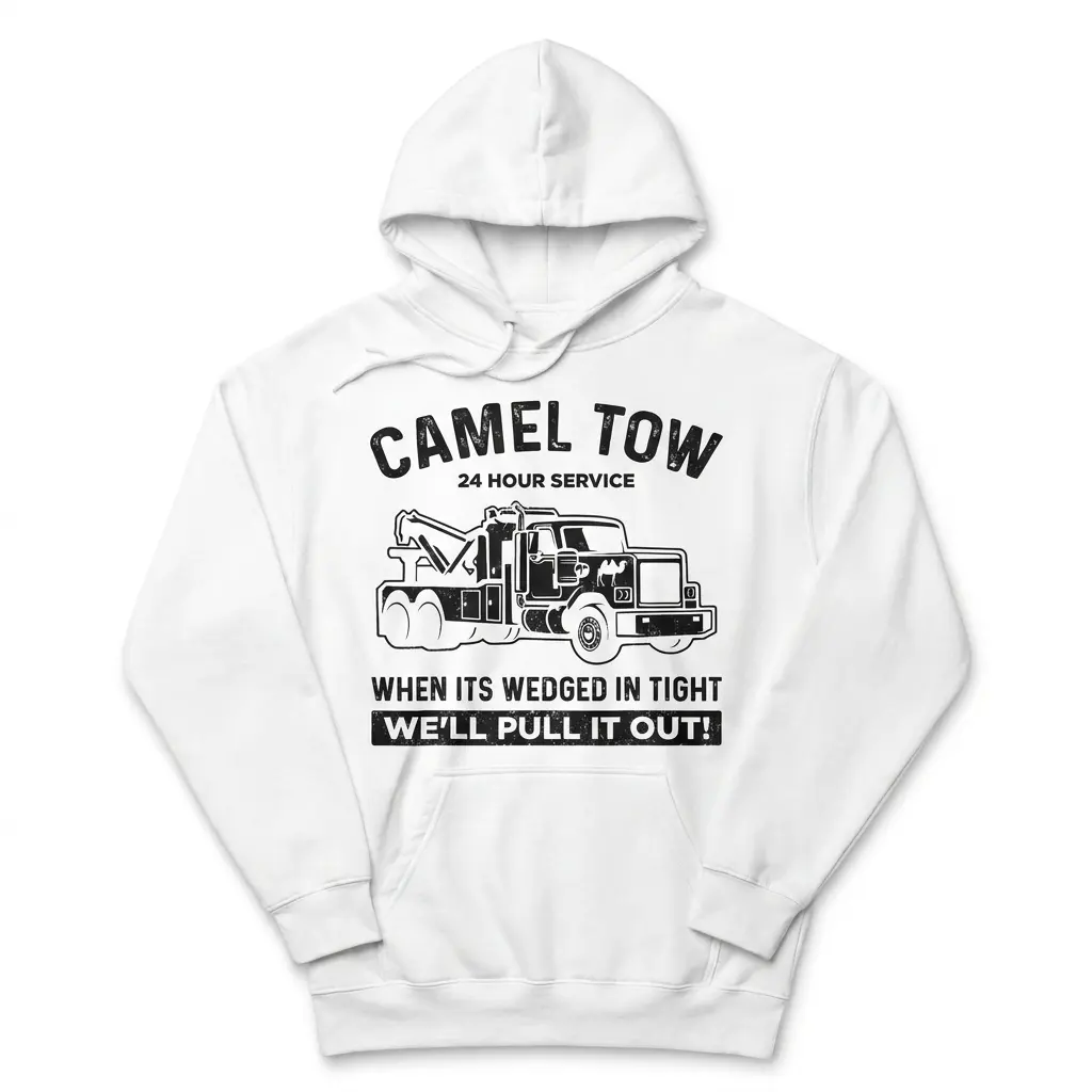 White hoodie front flat lay featuring the distressed Camel Tow tow truck service graphic.