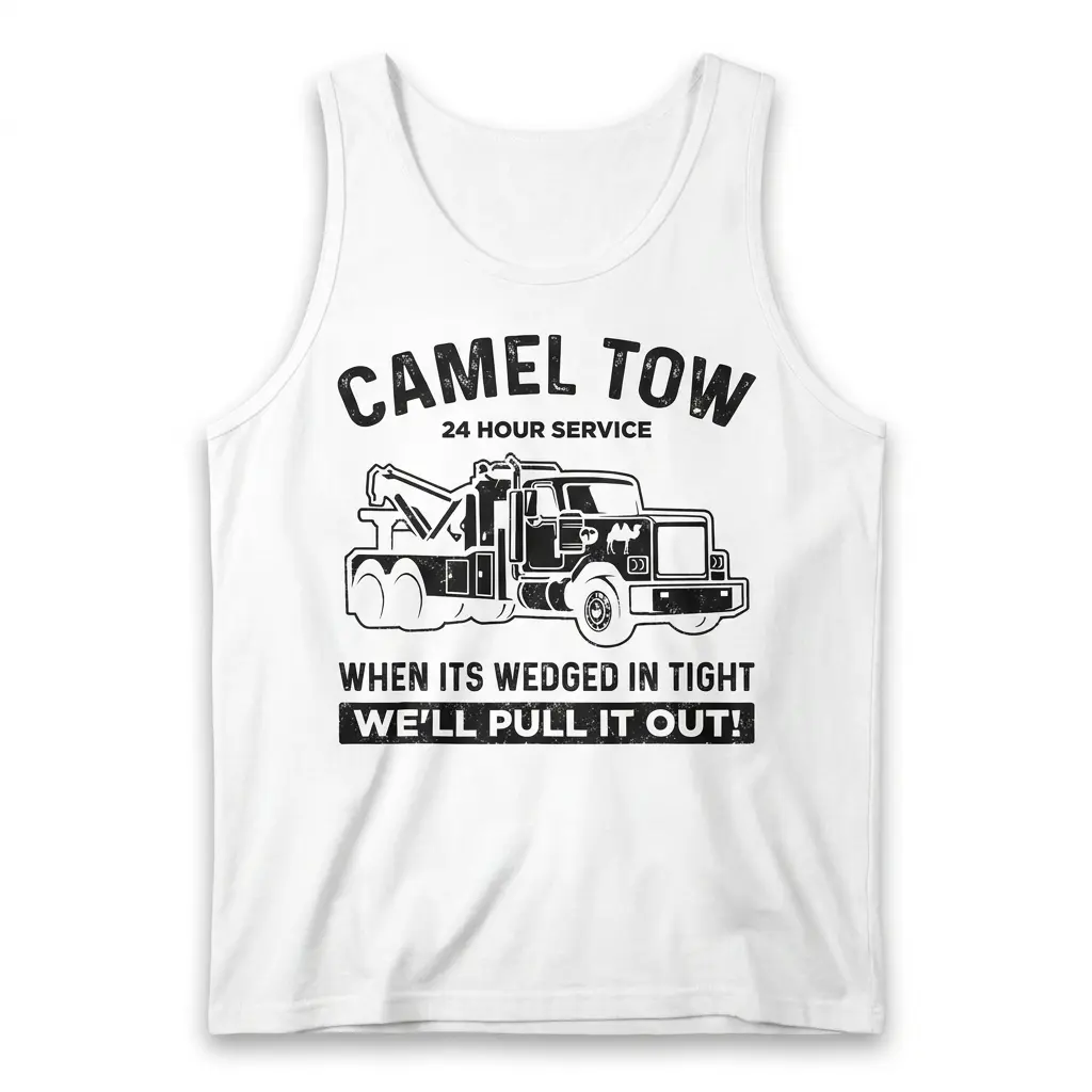 White tank top front flat lay with Camel Tow 24 Hour Service tow truck design.