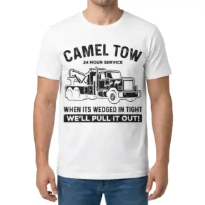 Funny Camel Tow 24 Hour Service Graphic T-Shirt 9 Man wearing a white shirt with the Camel Tow tow truck graphic on the front.