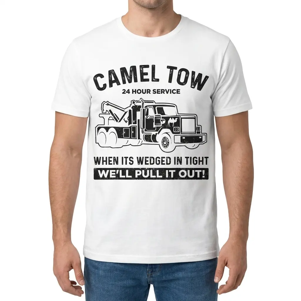 Man wearing a white shirt with the Camel Tow tow truck graphic on the front.