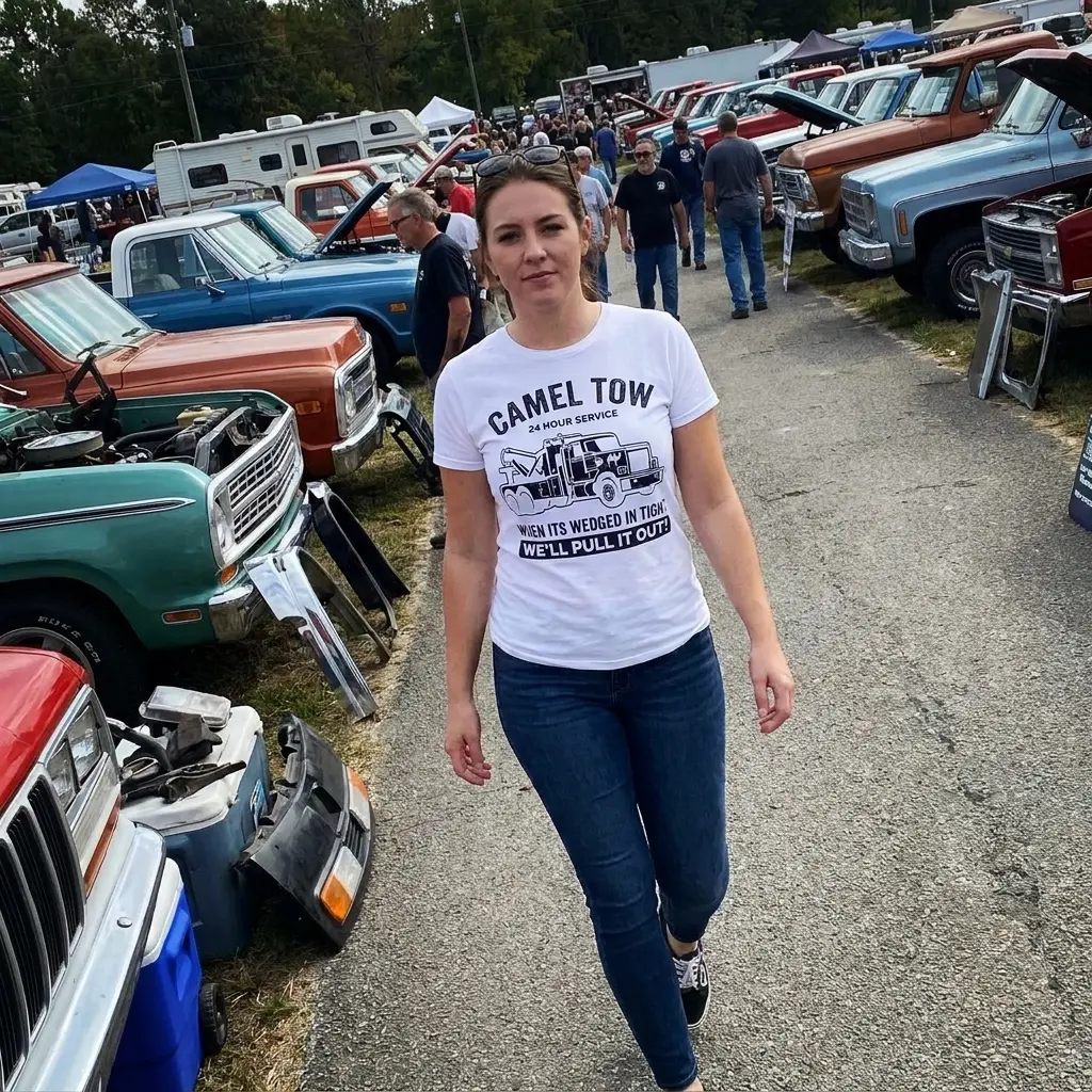 Camel Tow 24 Hour Service graphic shirt with tow truck illustration and slogan.