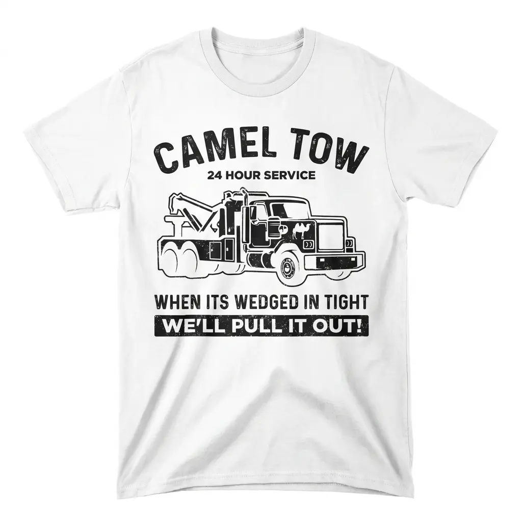 White T-shirt front flat lay with distressed Camel Tow 24 Hour Service tow truck graphic.