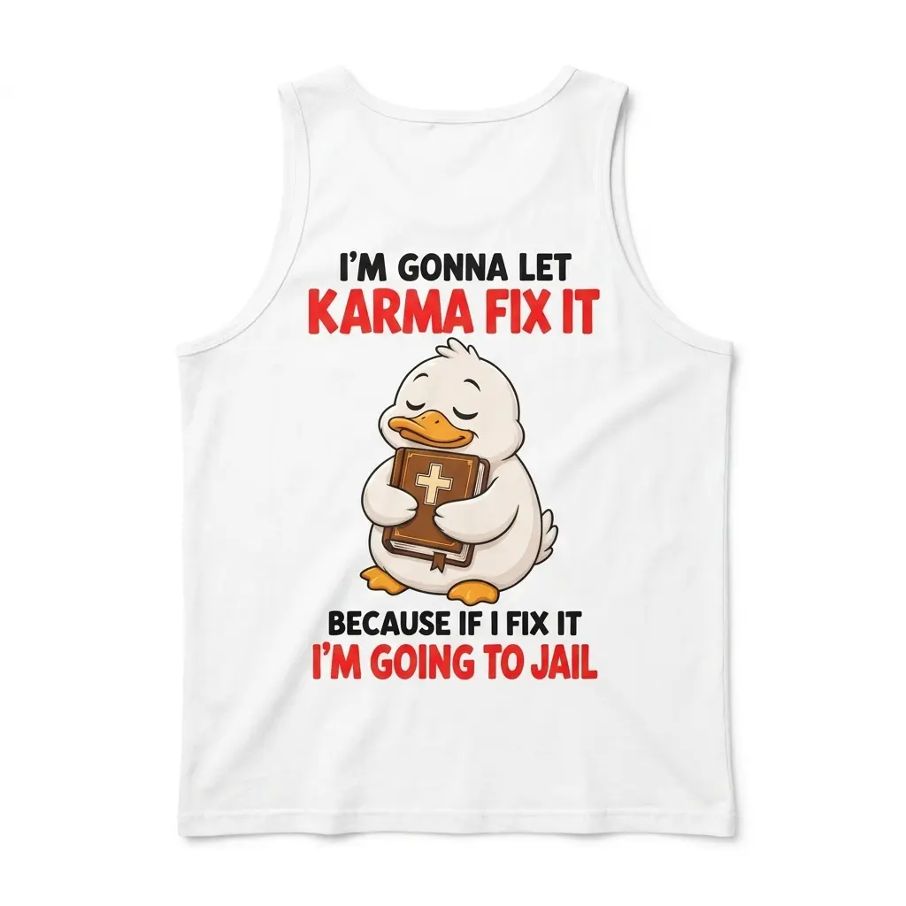 Back flat lay of a tank top featuring a Bible-holding duck and the phrase “BECAUSE IF I FIX IT I’M GOING TO JAIL”