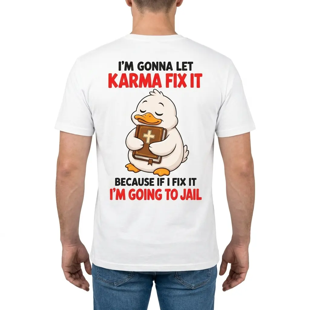Man viewed from the back wearing a funny Christian T-shirt with a duck holding a Bible and a karma-themed message