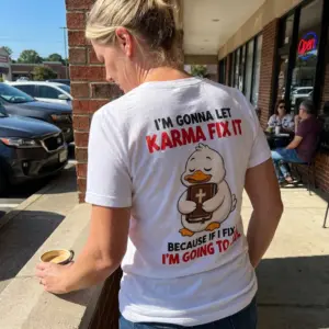 Funny Christian Duck Karma Fix-It T-Shirt 11 Lifestyle presentation of a Christian duck design on a shirt, with bold text about letting karma fix it