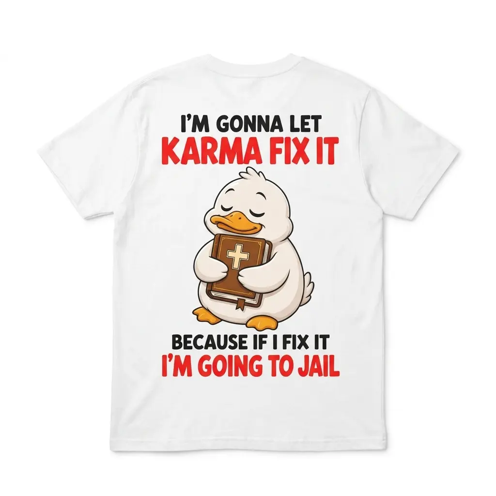 Back flat lay of a T-shirt featuring a duck holding a Bible and the text “I’M GONNA LET KARMA FIX IT” and “I’M GOING TO JAIL”