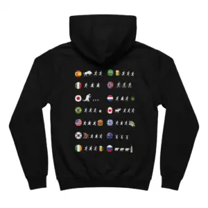 Funny Country Flags Running Stick Figure Meme T-Shirt 7 Cozy pullover hoodie displaying black tee back print with fourteen circular country flags and stick figures running toward or from funny icons