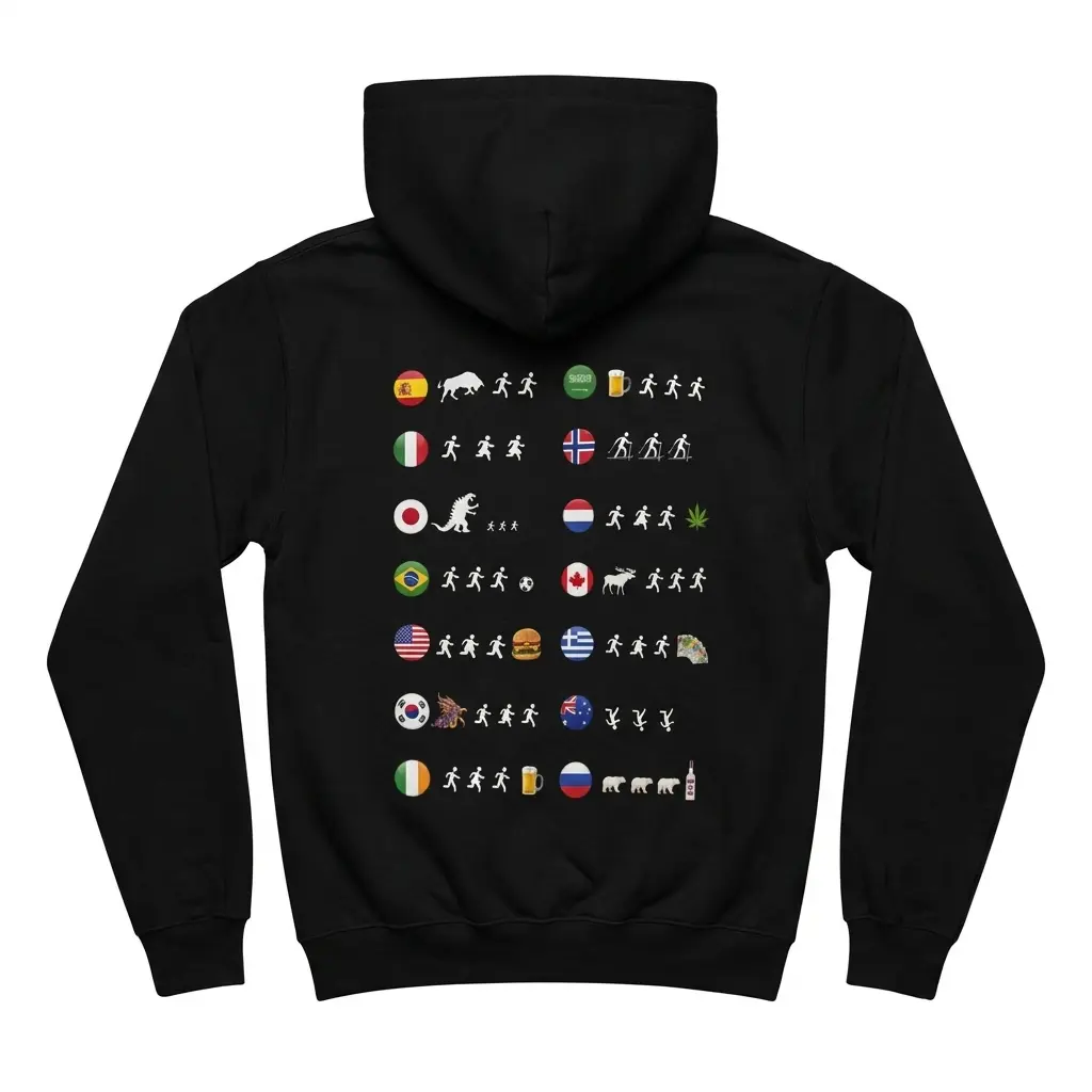 Cozy pullover hoodie displaying black tee back print with fourteen circular country flags and stick figures running toward or from funny icons