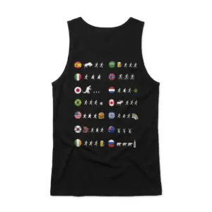 Funny Country Flags Running Stick Figure Meme T-Shirt 8 Sleeveless casual tank top with black tee back print with fourteen circular country flags and stick figures running toward or from funny icons