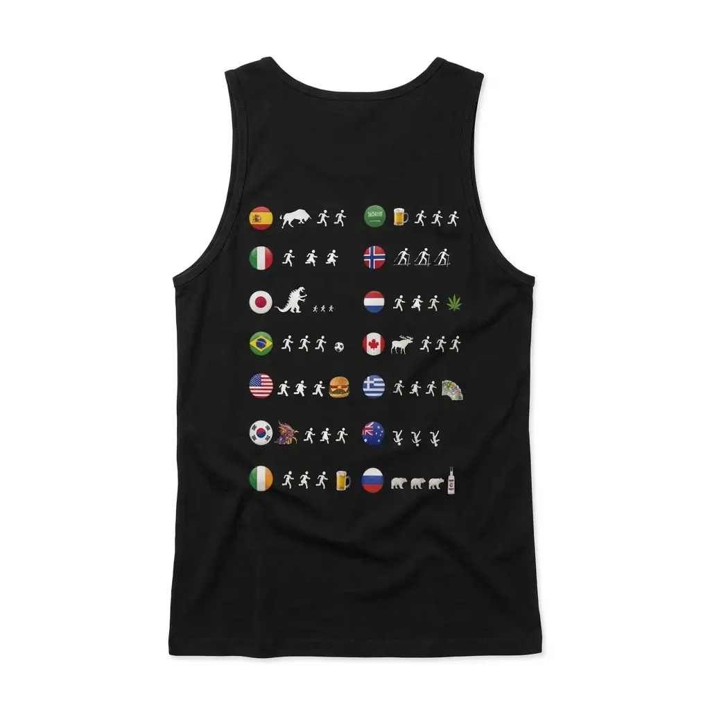 Sleeveless casual tank top with black tee back print with fourteen circular country flags and stick figures running toward or from funny icons