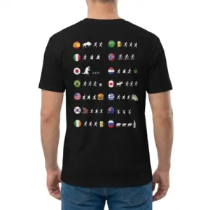 Funny Country Flags Running Stick Figure Meme T-Shirt 9 Man wearing black graphic tee with black tee back print with fourteen circular country flags and stick figures running toward or from funny icons