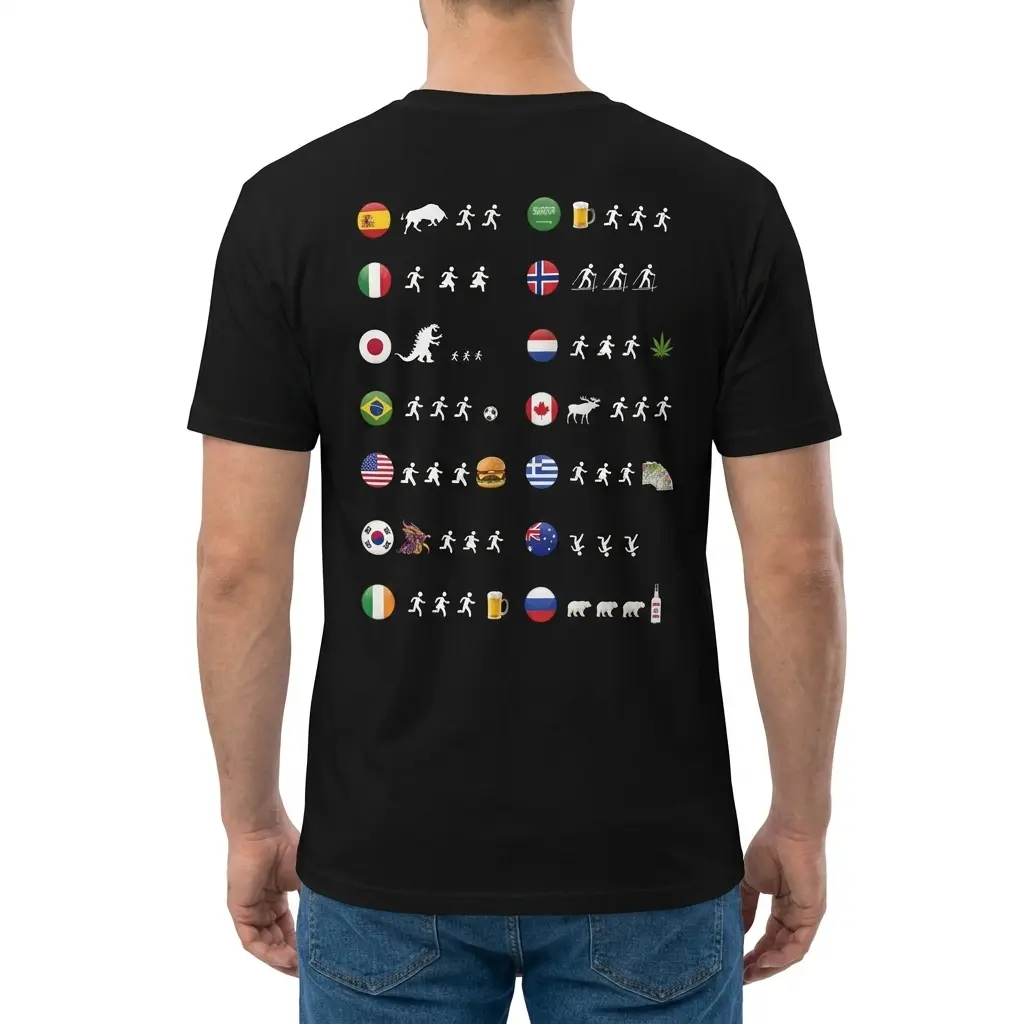 Man wearing black graphic tee with black tee back print with fourteen circular country flags and stick figures running toward or from funny icons
