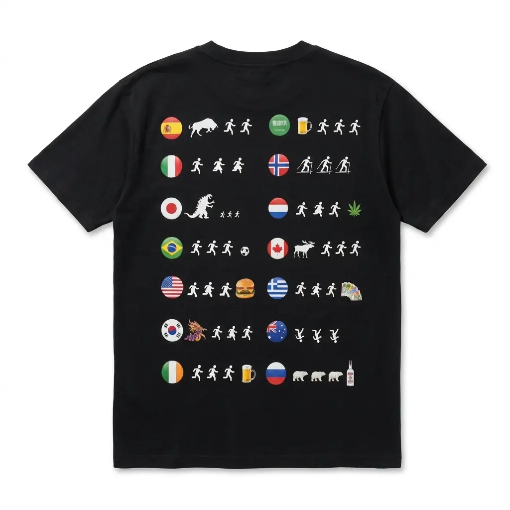 Flatlay black t-shirt featuring black tee back print with fourteen circular country flags and stick figures running toward or from funny icons