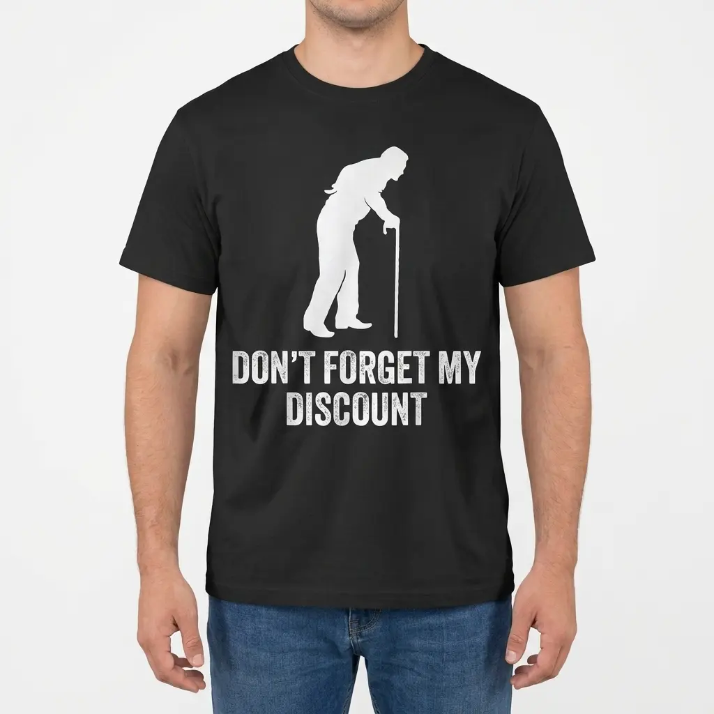 Male model wearing the senior discount shirt with Don't Forget My Discount graphic on the front.