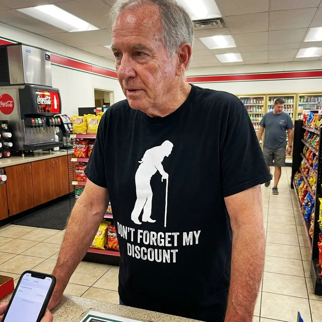 Lifestyle setting showcasing the Don't Forget My Discount senior citizen graphic shirt.