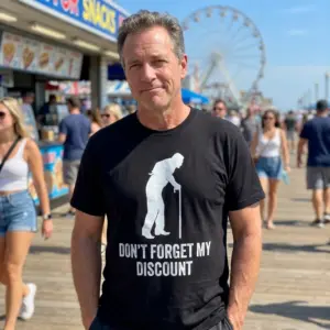 Funny Don't Forget My Discount Senior Citizen T-Shirt 11 Casual lifestyle presentation of the funny Don't Forget My Discount senior citizen shirt.