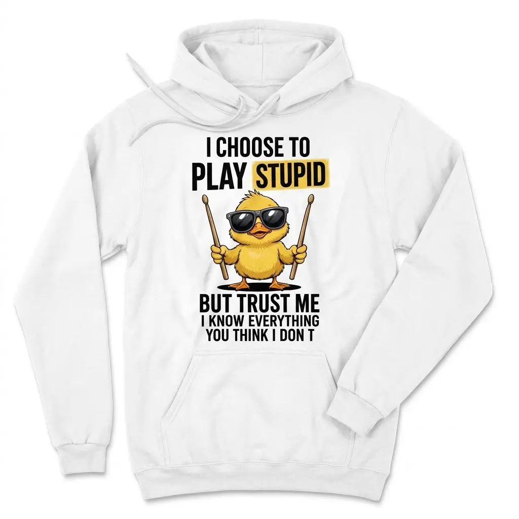 Front flatlay hoodie mockup with the drummer duck design and “I choose to play stupid” text.