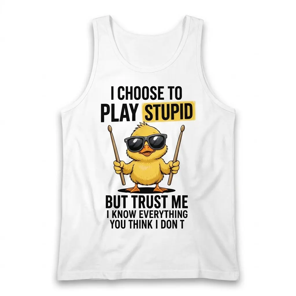Front flatlay tank top mockup featuring a duck in sunglasses holding drumsticks with bold funny text.