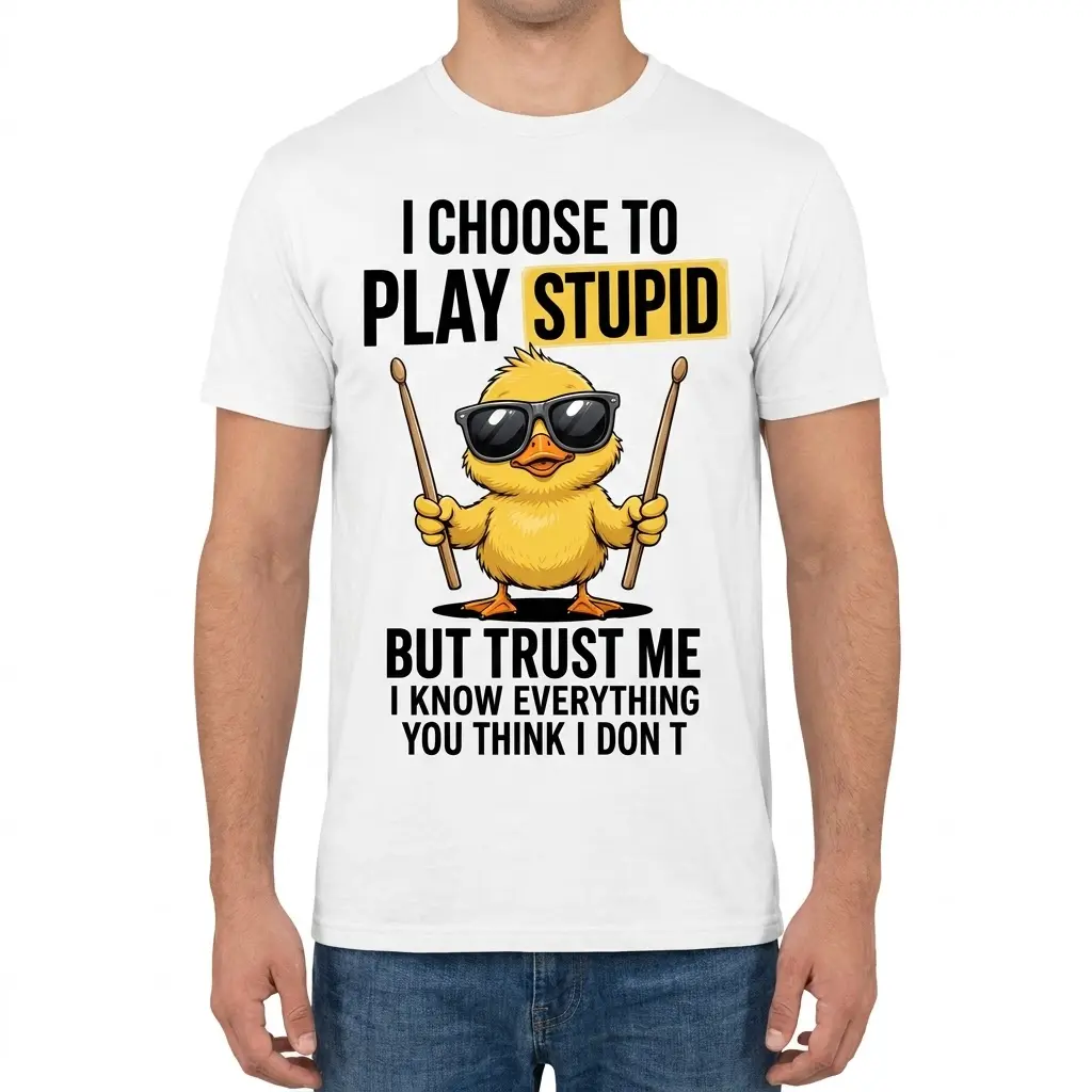 Man modeling the front of the funny drummer duck t-shirt with drumsticks and bold black lettering.