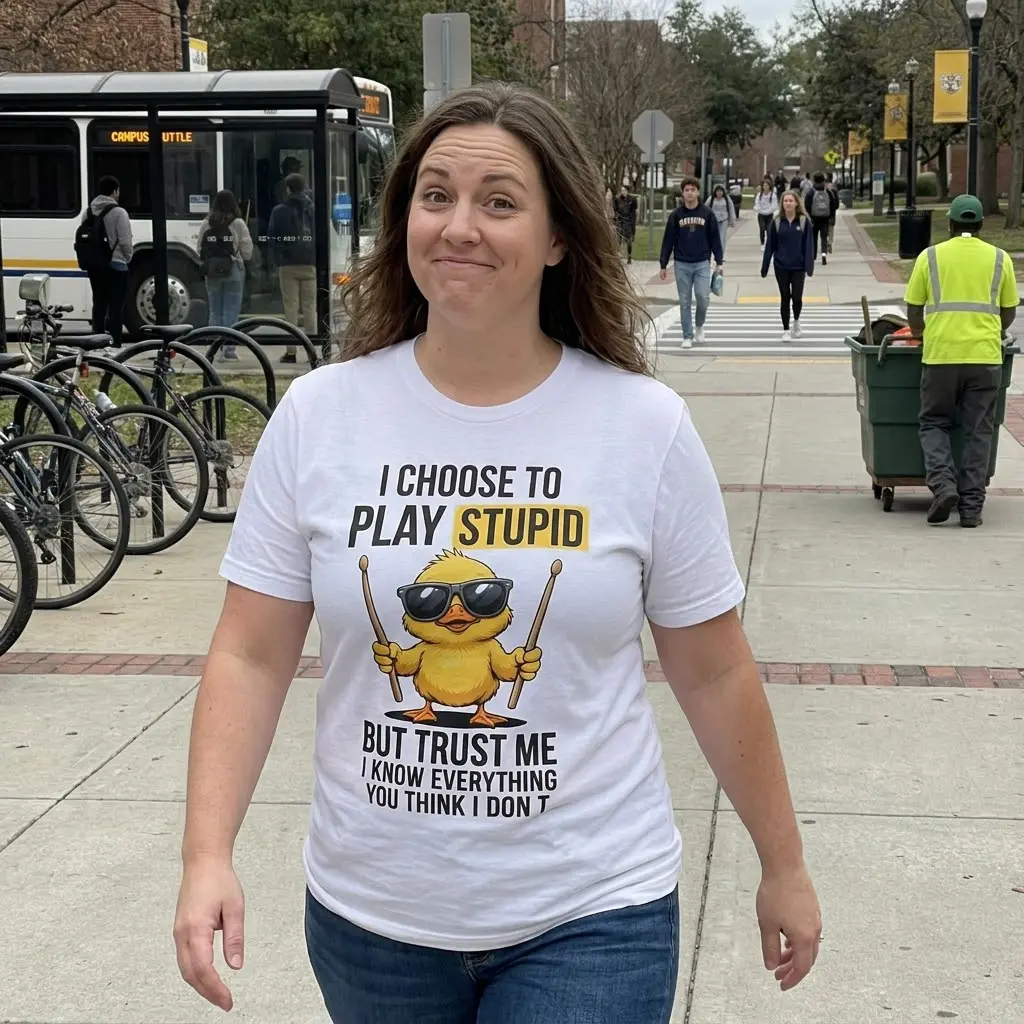 Lifestyle view showing the drummer duck graphic and “but trust me” joke text from the shirt design.