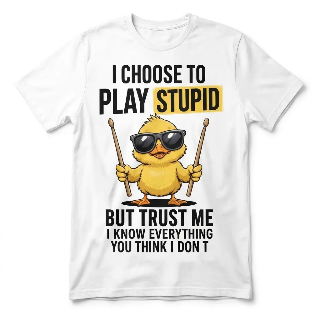 Front flatlay of a white funny drummer t-shirt with a sunglasses duck holding drumsticks and bold joke text.