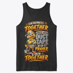 Funny Duck Duct Tape And Prayer T-Shirt 7 Front flatlay of a black tank top featuring a yellow duck wrapped in duct tape and a humorous holding-it-together message