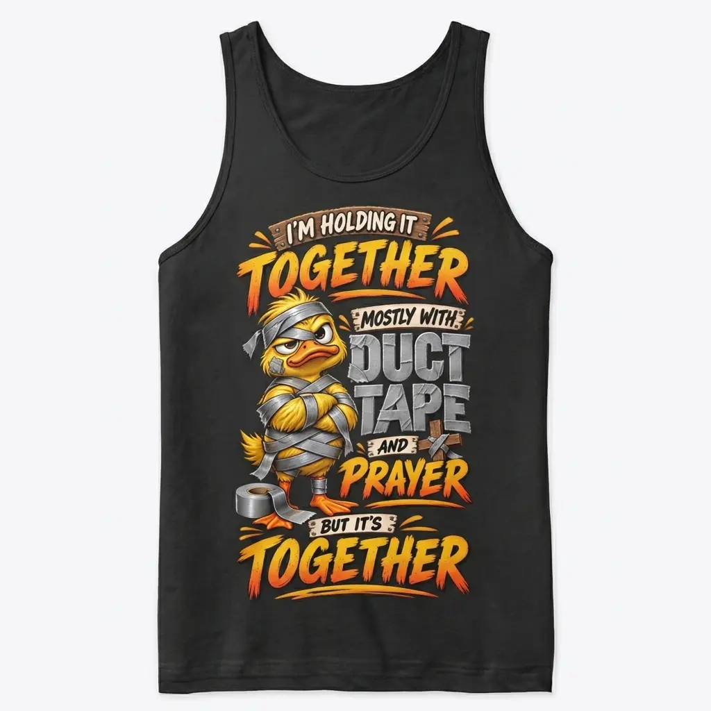 Front flatlay of a black tank top featuring a yellow duck wrapped in duct tape and a humorous holding-it-together message