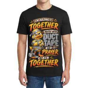 Funny Duck Duct Tape And Prayer T-Shirt 8 Front view of a man wearing a funny duck T-shirt with a duct-tape-wrapped duck and bold “Duct Tape and Prayer” lettering