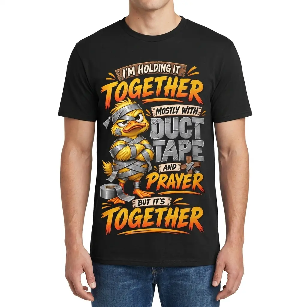 Front view of a man wearing a funny duck T-shirt with a duct-tape-wrapped duck and bold “Duct Tape and Prayer” lettering