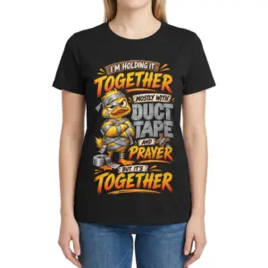 Funny Duck Duct Tape And Prayer T-Shirt 9 Front view of a woman wearing a funny duck T-shirt featuring a taped-up yellow duck and the phrase “I’m Holding It Together”