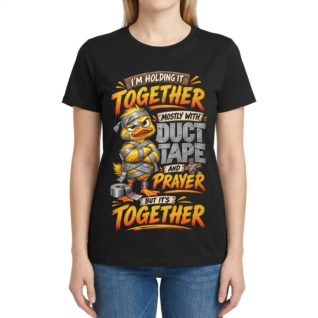 Front view of a woman wearing a funny duck T-shirt featuring a taped-up yellow duck and the phrase “I’m Holding It Together”