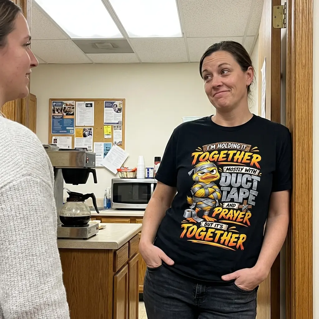 Lifestyle view of the funny duck T-shirt with a yellow duck wrapped in duct tape and bold humorous lettering