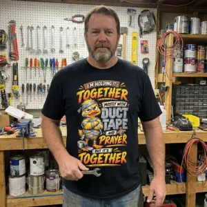 Funny Duck Duct Tape And Prayer T-Shirt 11 Funny duck T-shirt shown in a lifestyle view, featuring a taped-up yellow duck and the message “Mostly With Duct Tape and Prayer”