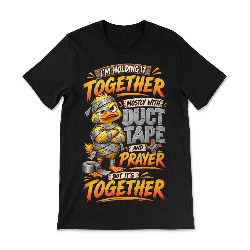 Front flatlay of a black T-shirt with a taped-up yellow duck and the text “I’m Holding It Together, Mostly With Duct Tape and Prayer”