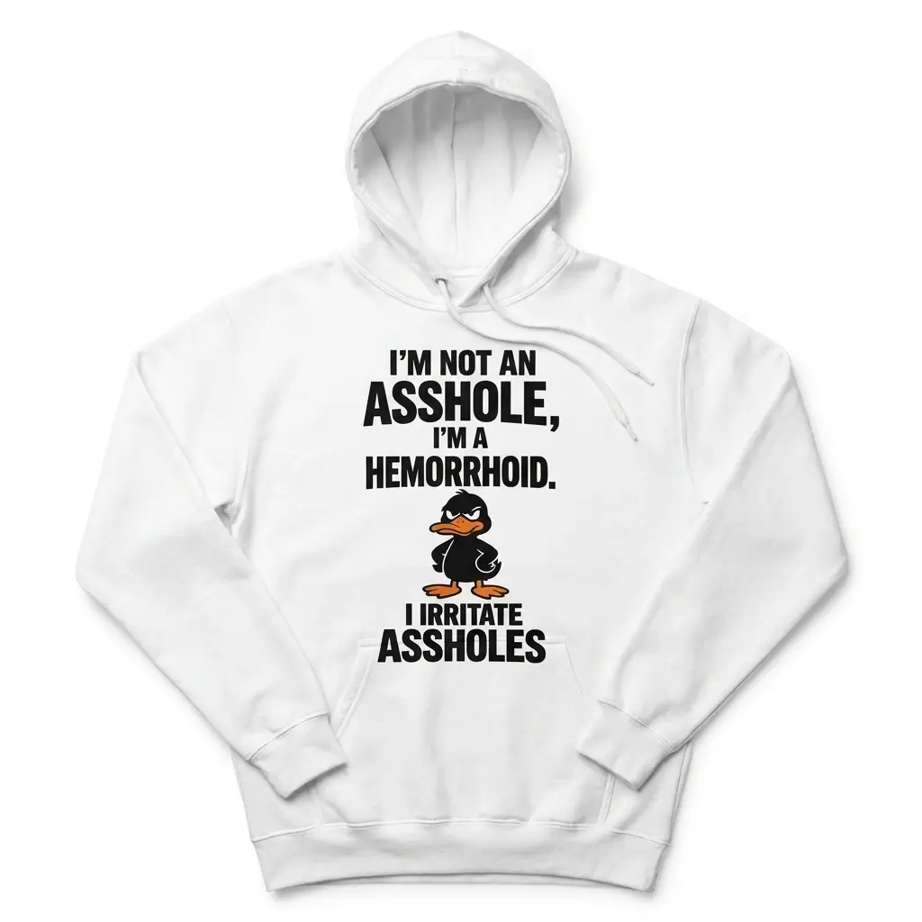 White Funny Duck hoodie featuring bold black hemorrhoid joke text and a cartoon black duck with an orange bill and feet, front flatlay