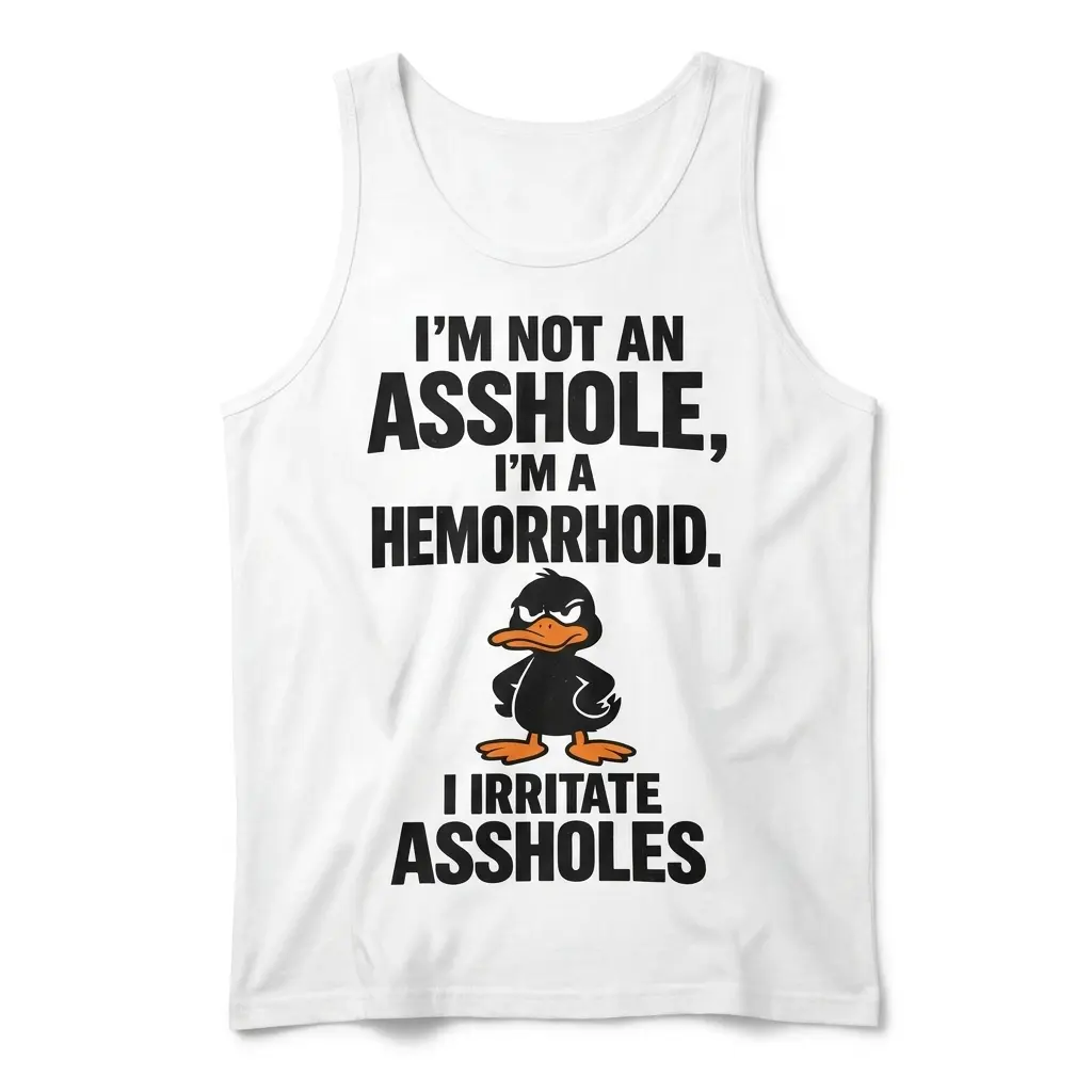 White Funny Duck tank top displaying bold black hemorrhoid joke text and a cartoon black duck with an orange bill and feet, front view